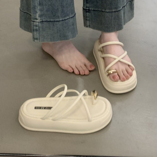 Damen modische Zehentrenner-Pantoletten mit dekorativen Schnallen und ergonomischer Sohle EB
