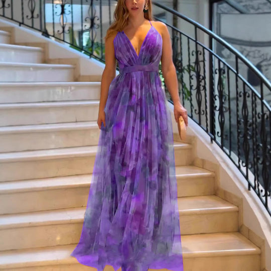 Damen Elegantes Maxikleid mit tiefem V-Ausschnitt und luftigen Stoffschichten EB