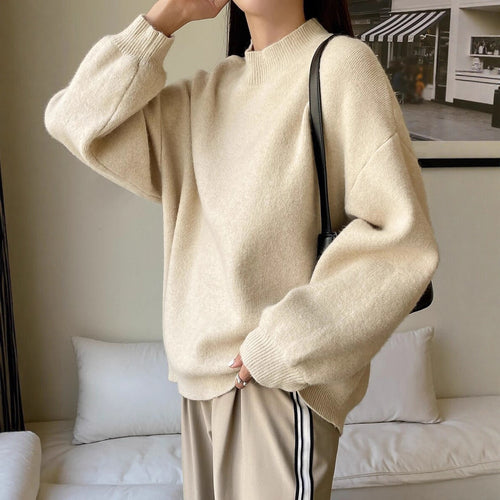 Damen oversized Strickpullover mit Rundhalsausschnitt und breiten Ärmeln EB