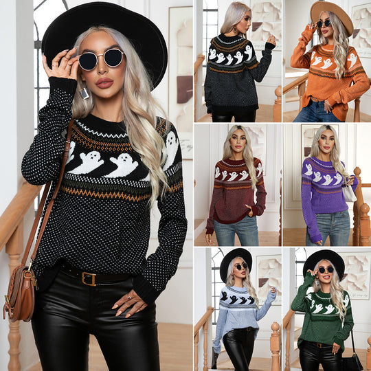 Damen Halloween Pullover mit Geistermotiv und luftiger Struktur EB