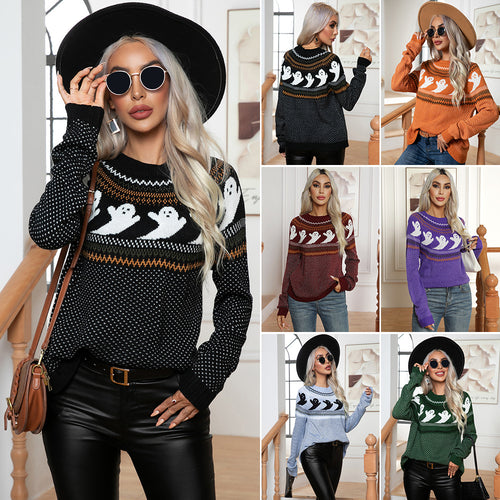 Damen Halloween Pullover mit Geistermotiv und luftiger Struktur EB