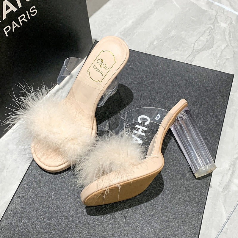 Damen elegante Mules mit transparentem Blockabsatz und feiner Fellverzierung EB
