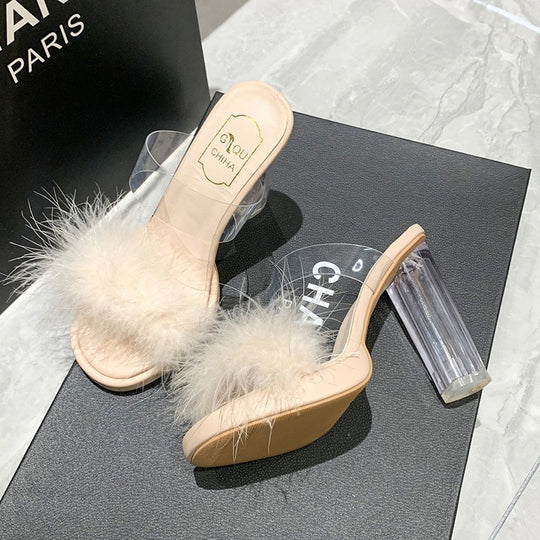Damen elegante Mules mit transparentem Blockabsatz und feiner Fellverzierung EB