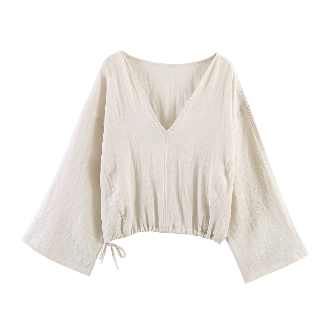 Damen lässige Bluse mit weitem V-Ausschnitt und elastischem Saum EB