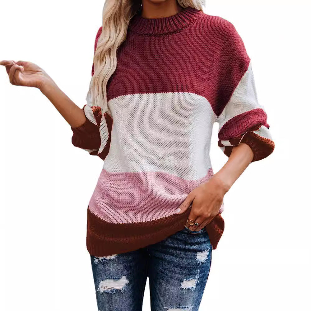 Damen lässiger Strickpullover mit modischem Farbblockdesign EB