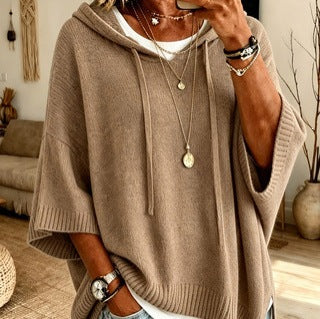 Damen nan Oversize Strickponcho mit Kapuze und kurzen Ärmeln EB