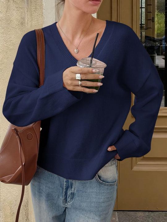 Damen nan oversized V-Ausschnitt Feinstrickpullover mit überschnittener Schulter, langen Kimonärmeln und breitem Rippbund EB