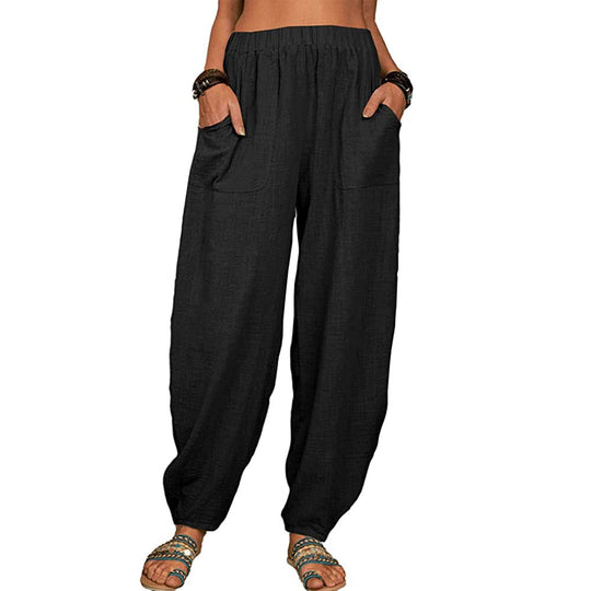 Damen nan lockere Leinenhose mit weitem Bein elastischem Bund und großen aufgesetzten Taschen EB