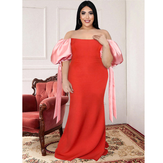 Damen Maxikleid mit schulterfreiem Design und voluminösen Satinärmel EB