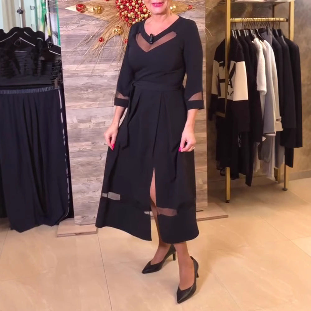 Damen Fließendes Maxikleid mit transparenten Akzenten und Taillengürtel Heidi-Mode