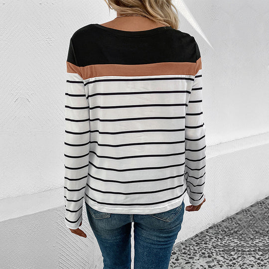 Damen Langarmshirt mit modischem Streifenmuster und farblich abgesetztem Oberteil EB