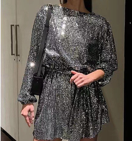 Damen Glamouröses Cocktailkleid mit funkelnden Lurex-Fäden und elastischem Taillengürtel EB