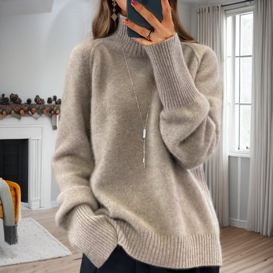 Damen nan kuscheliger Feinstrickpullover mit Rundhalsausschnitt, überschnittener Schulterpartie und gerippten Bündchen EB