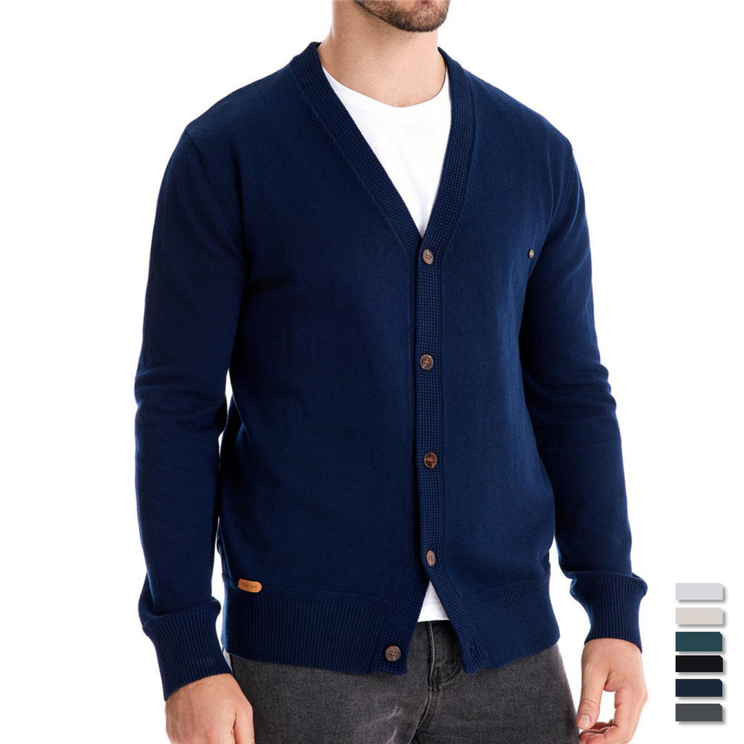 Herren Strickjacke mit V-Ausschnitt und modischen Holzknöpfen EB