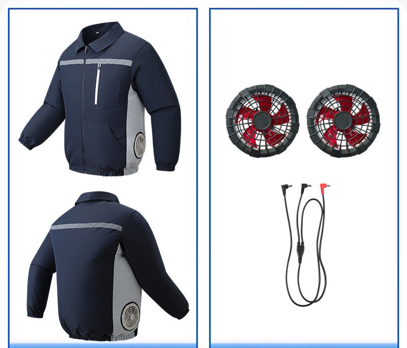 Unisex nan ventilated work cooling jacket with side vent inserts, removable battery compartment and reflective inserts EB