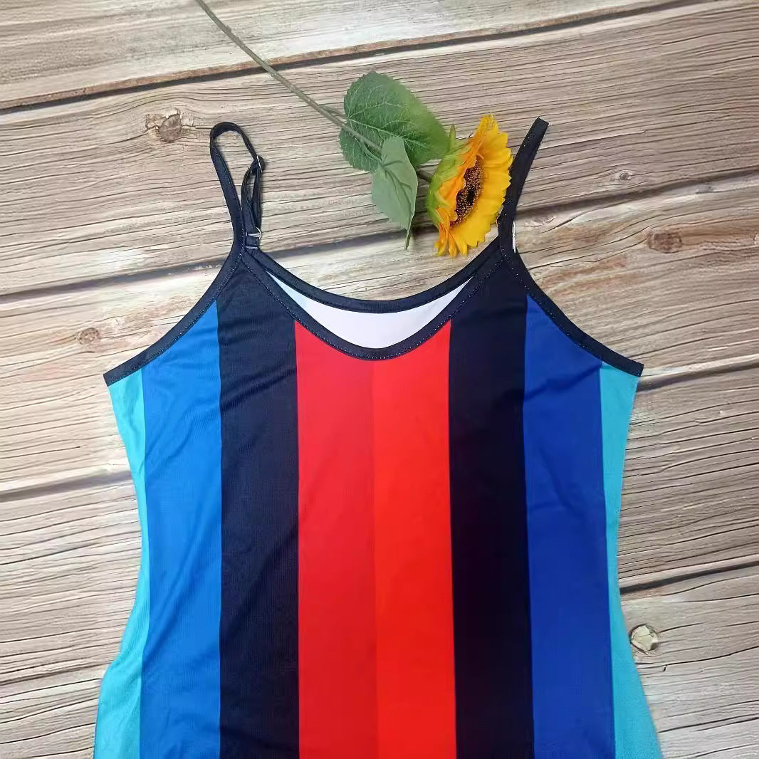 Damen Maxikleid mit tiefem V-Ausschnitt und stilvollem Streifenmuster EB