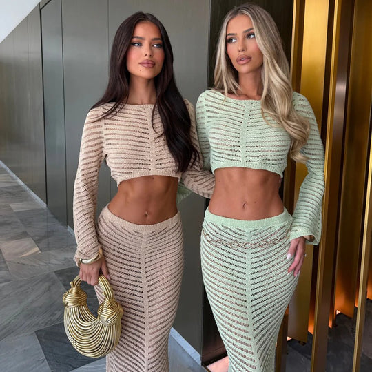 Damen elegantes gehäkeltes Set mit langärmligem Crop-Top und figurbetonendem Rock EB