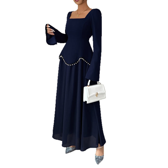 Damen nan elegantes Maxikleid mit quadratischem Ausschnitt, taillierter Schößchen-Passe und Perlenbordüre EB