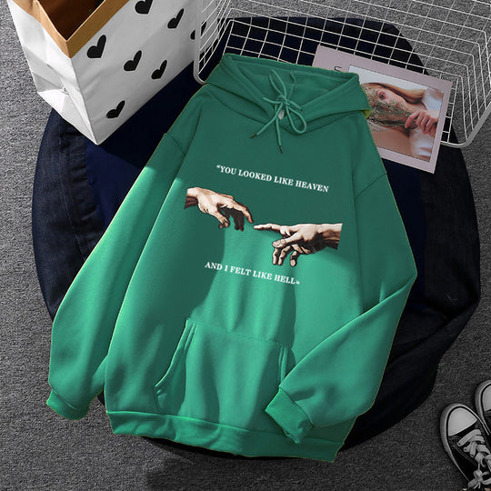 Damen nan Oversize Kapuzenpullover mit Kängurutasche und Renaissance‑Handmotiv, weiches Fleece Innenfutter EB