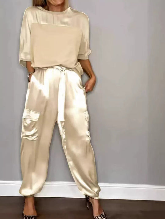 EB | Solide Farbe glatt Satin Top zweiteilige Set für Frauen