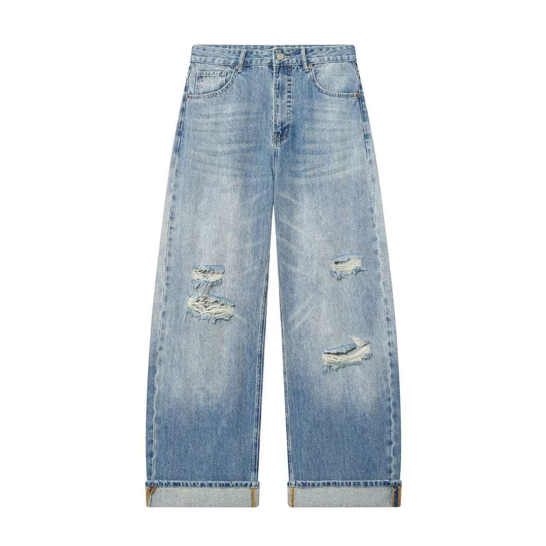 Damen nan weite High‑Waist Ripped Jeans mit Straight‑Leg, aufgekrempeltem Saum und klassischen Taschen EB