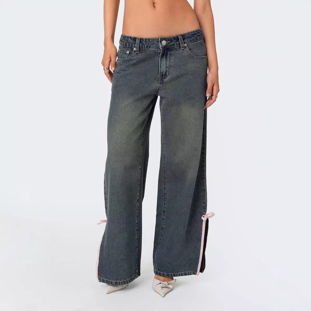 Damen Hohe Taillen Denim-Hose mit modischen Schleifendetails EB