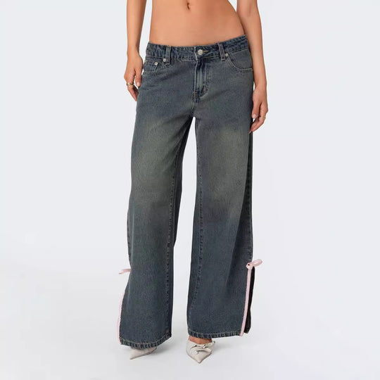 Damen Hohe Taillen Denim-Hose mit modischen Schleifendetails EB
