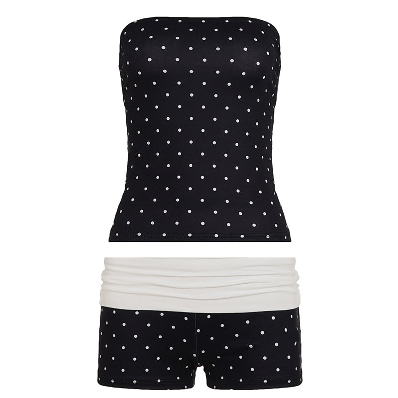 Damen Bandeau-Badeanzug mit Polka Dots und Shorts EB