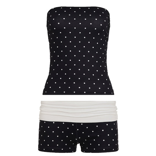 Damen Bandeau-Badeanzug mit Polka Dots und Shorts EB