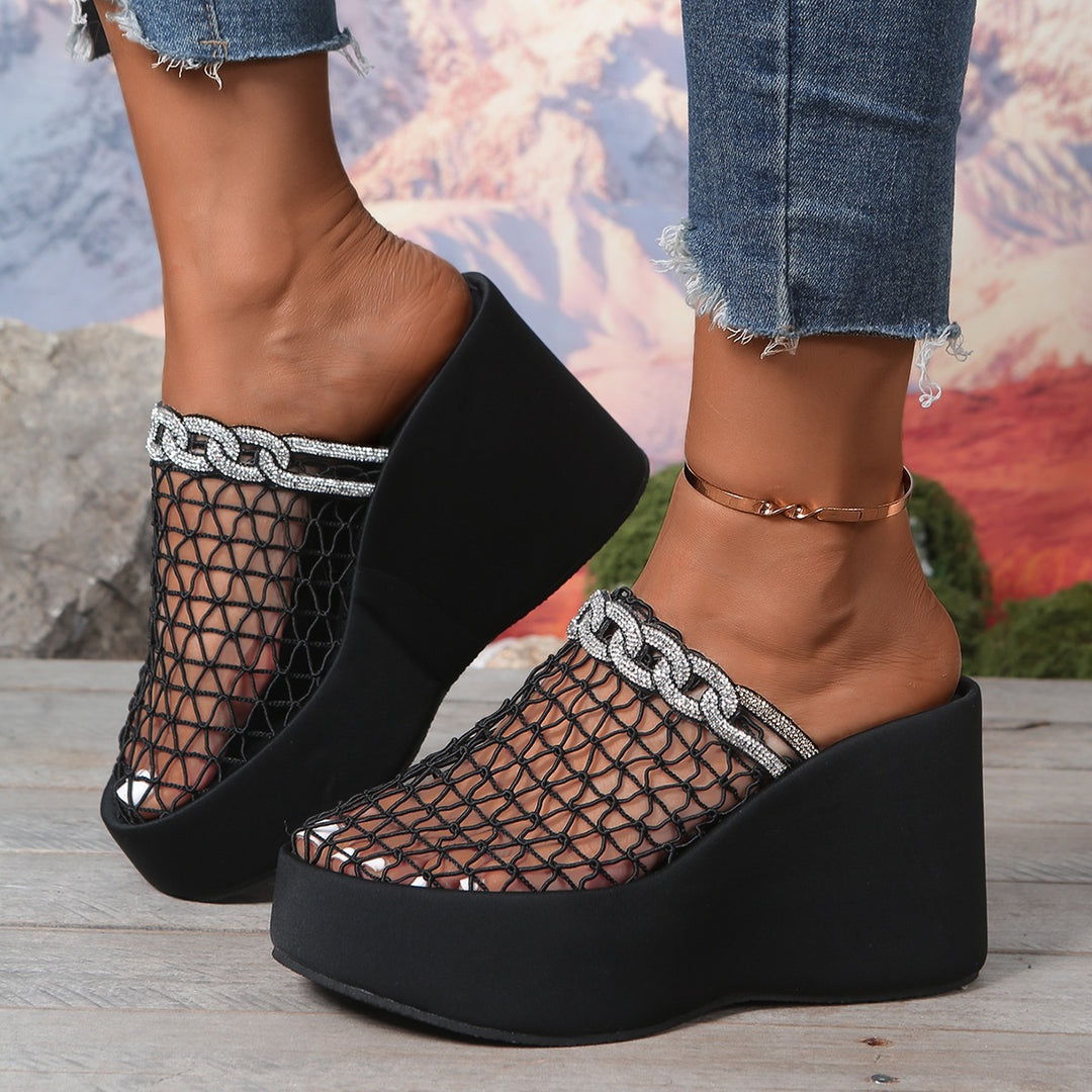 Damen Modische Plateau-Mules mit dekorativem Kettenbesatz EB