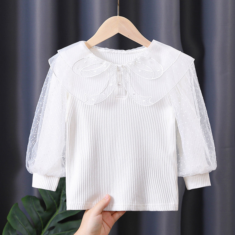 Damen elegante Bluse mit Puffärmeln und Spitzenkragen EB