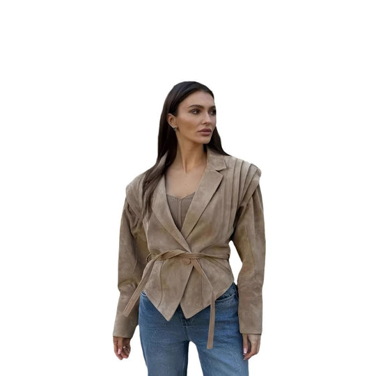 Damen schicke Wollblazerjacke mit Taillengürtel EB