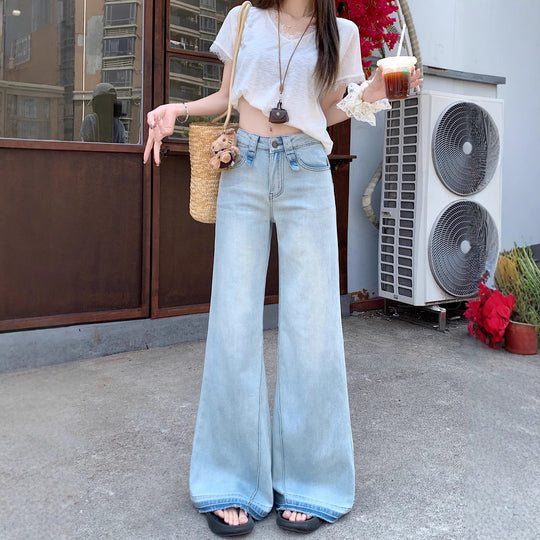 Damen weite Bootcut-Jeans mit hohem Bund und ausgefallenem Design EB