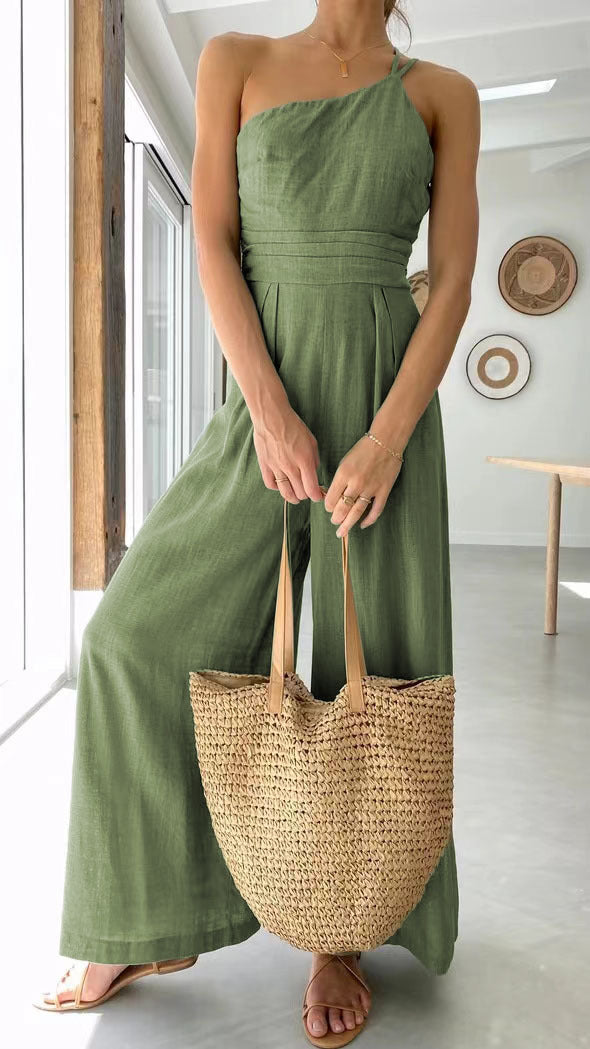 Damen Jumpsuit im modischen Wickeldesign mit weitem Bein und schulterfreiem Schnitt EB