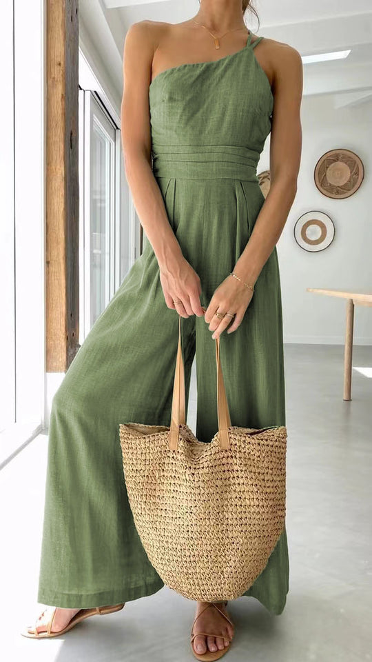 Damen Jumpsuit im modischen Wickeldesign mit weitem Bein und schulterfreiem Schnitt EB