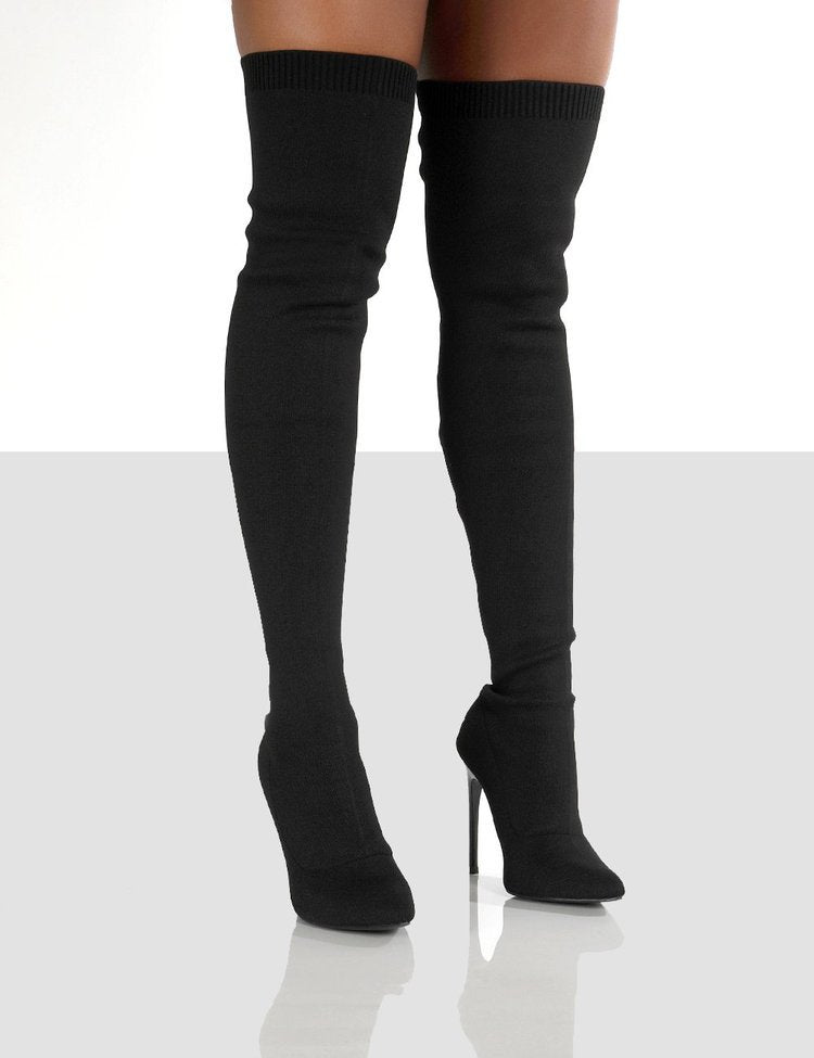 Damen Overknee Stiefel mit elegantem spitzem Absatz und modischem Strickdesign EB