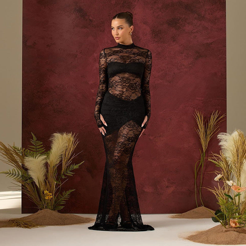 Damen Elegantes Spitzenkleid mit hohem Kragen und langem Ärmel EB