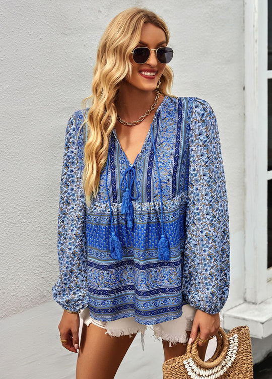 Damen nan lockere Boho-Tunika-Bluse mit V-Ausschnitt, Quasten-Tie und gerafften Ballonärmeln EB