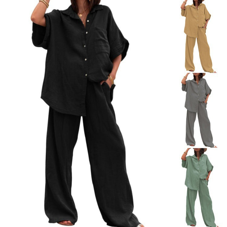 Damen luftiges Oversize-Hemd und weite Hose Set EB