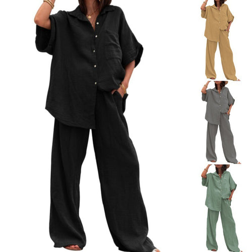 Damen luftiges Oversize-Hemd und weite Hose Set EB