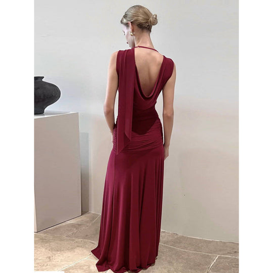 Damen schulterfreies Wickelmaxikleid mit drapiertem Oberteil und seitlichem Bindegürtel EB