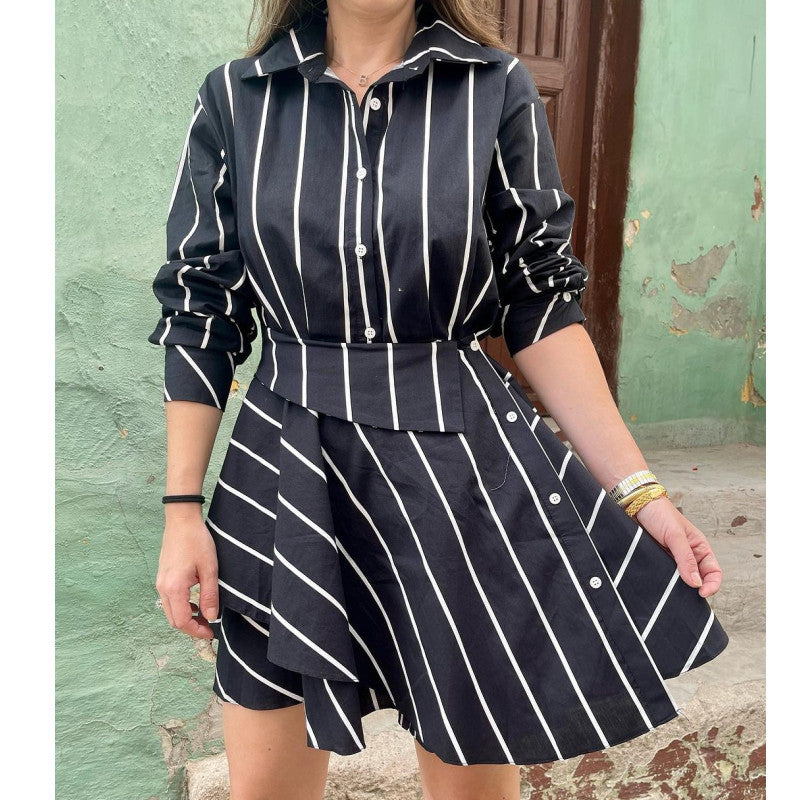 Damen Casual Hemdkleid mit asymmetrischem Rock und Streifen EB