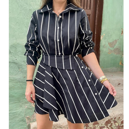Damen Casual Hemdkleid mit asymmetrischem Rock und Streifen EB