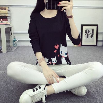 Damen Langarm-T-Shirt mit kreativem Katzenmotiv EB