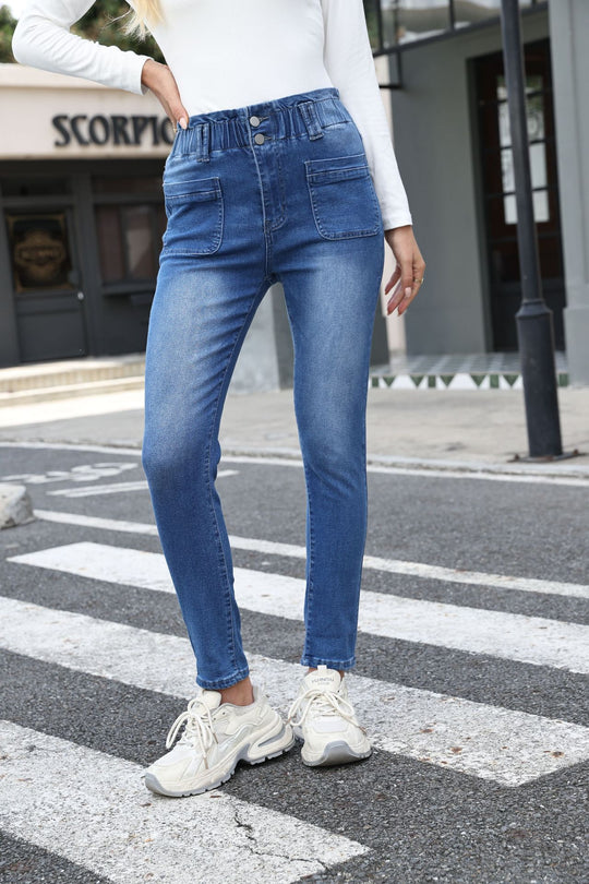 Damen High-Waist Jeans mit elastischem Bund und praktischen Taschen EB
