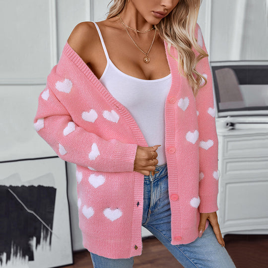Damen gemütliche Strickjacke mit Herzmuster und V-Ausschnitt EB