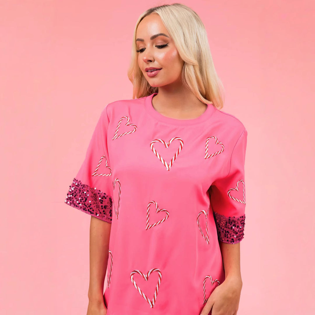 Damen Tunika Kleid mit Paillettenbesatz und Herzmuster EB