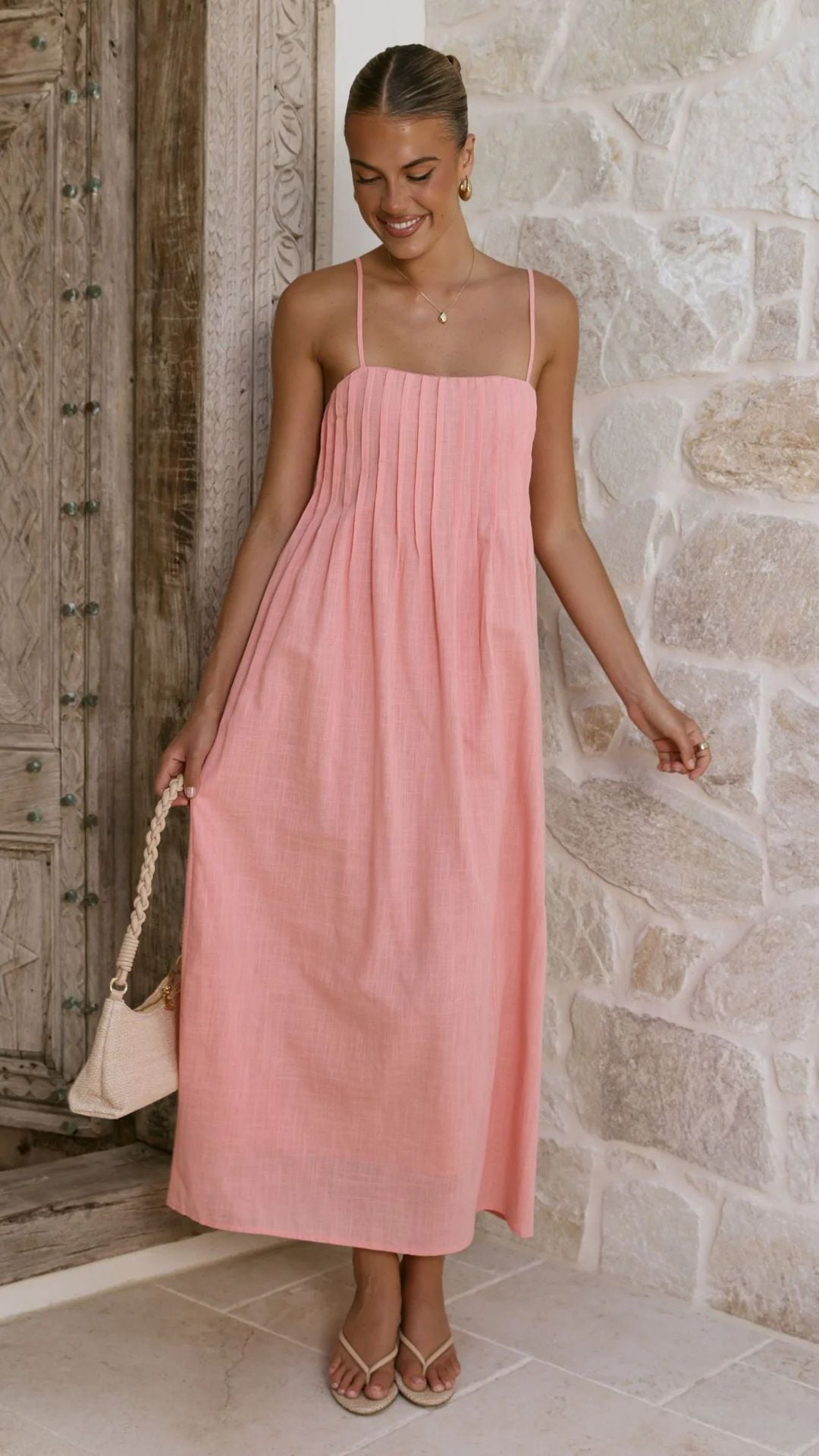 Damen Maxikleid mit gerafftem Oberteil und spaghettiträgern EB