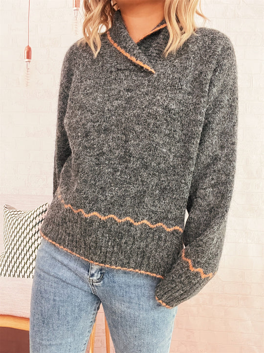 Damen lässiger Strickpullover mit modischem Kragen und fransigen Akzenten EB