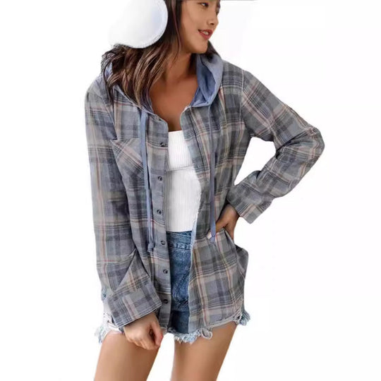 Damen nostalgische Karobluse mit Kapuze und Knopfverschluss EB